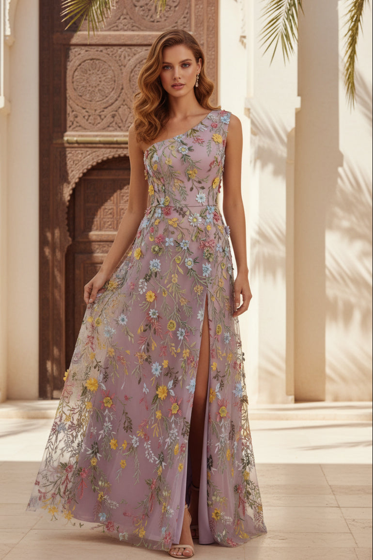 One-Shoulder Floral Embroidered Gown