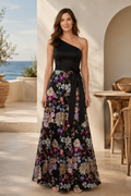 One Shoulder Floral Sequin Evening Gown