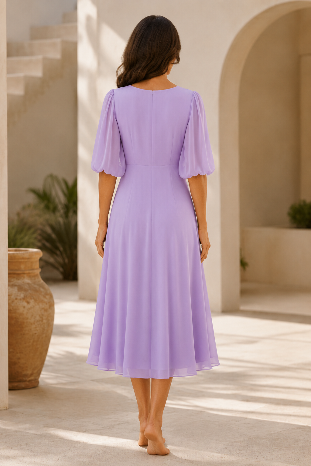 A-Line Chiffon Midi Dress with Floral Applique