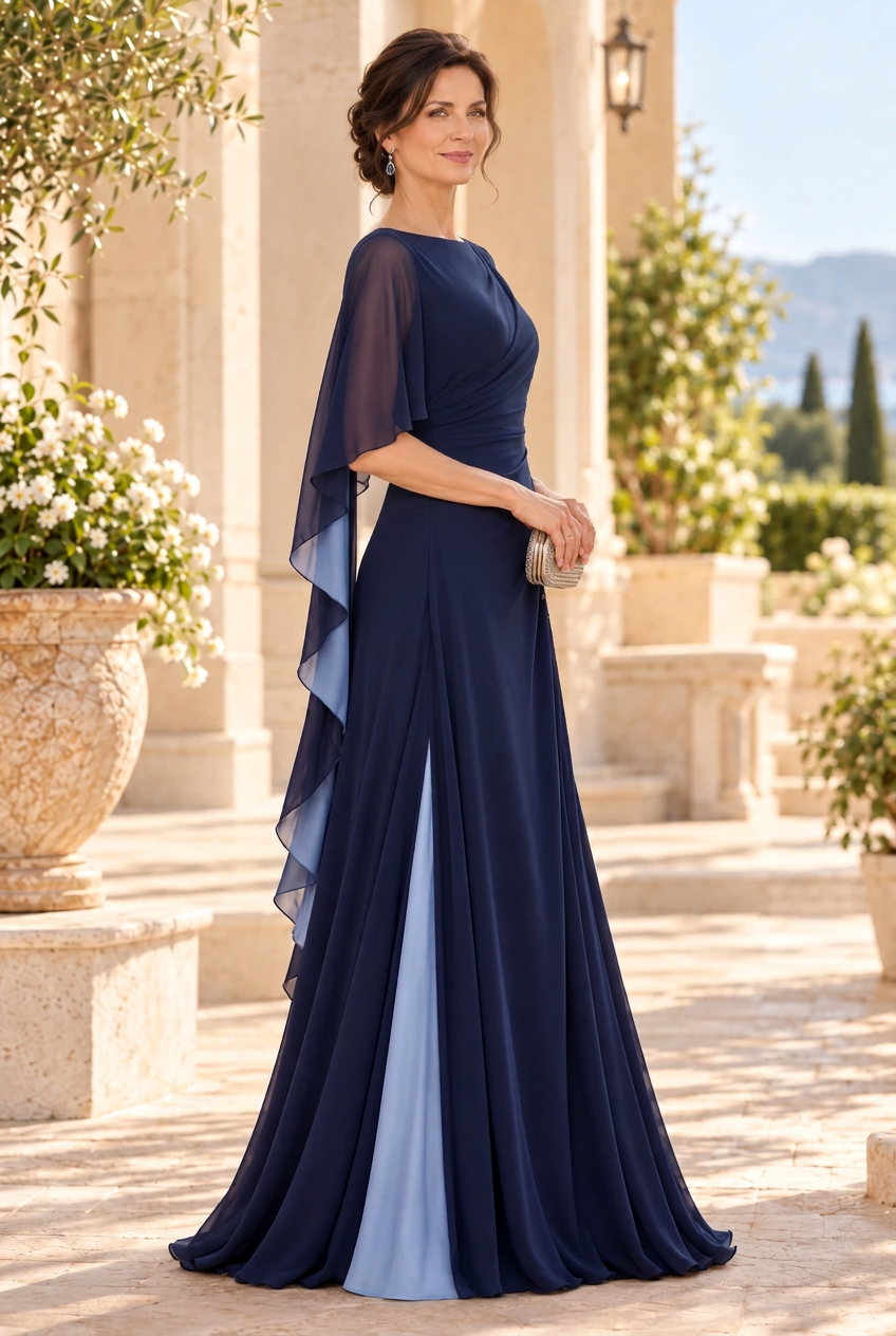 Embroidered Capelet Gown with Inset Skirt