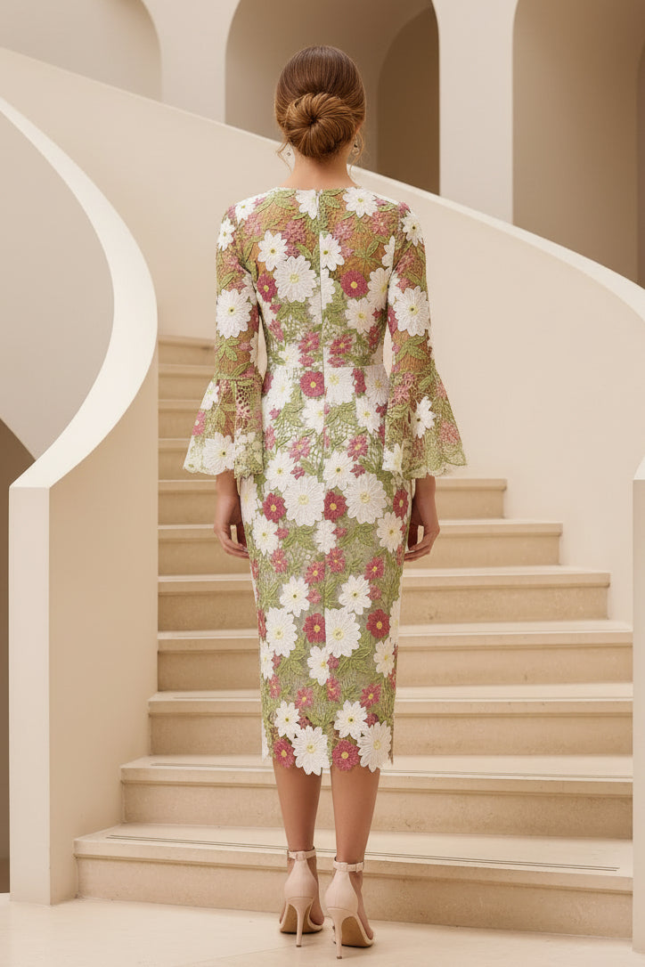 Floral Lace Midi Dress with Bell Sleeves