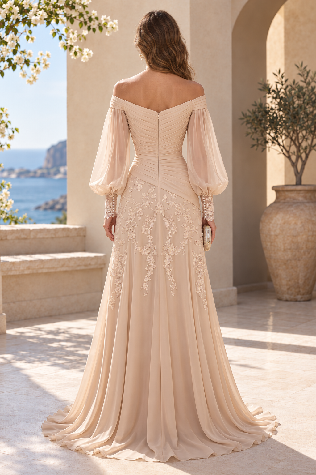 Off-the-Shoulder Bishop Sleeve Lace Applique Gown