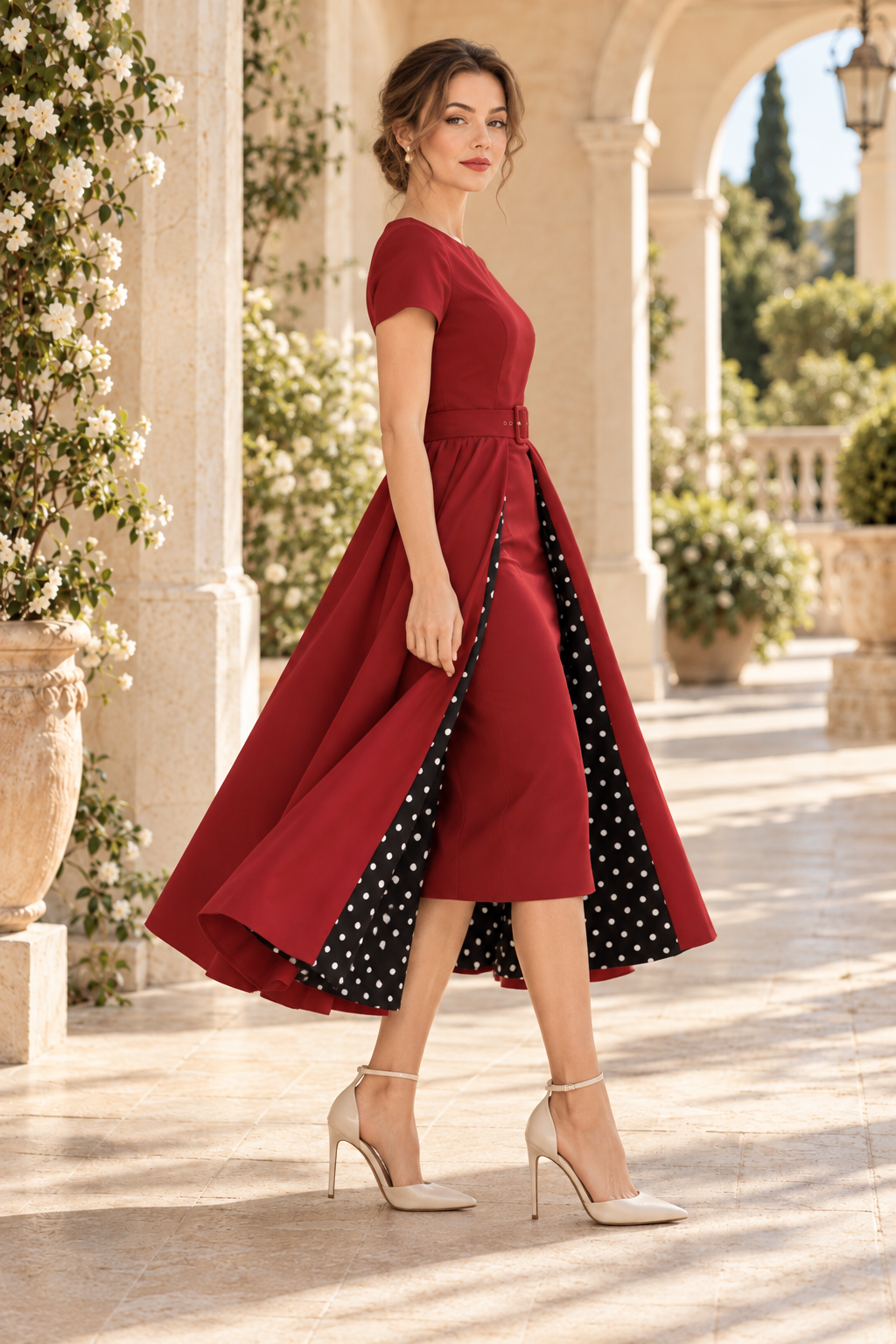 Belted Midi Dress with Polka Dot Lined Overskirt