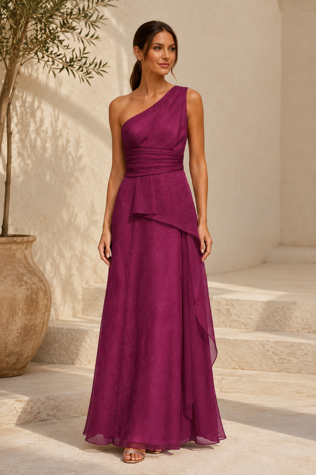 One Shoulder A-Line Chiffon Evening Gown