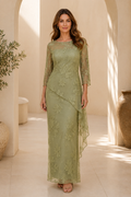 Illusion Bateau Neck Lace Gown with Side Draping