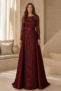 Beaded Long Sleeve Gown with Satin Overskirt