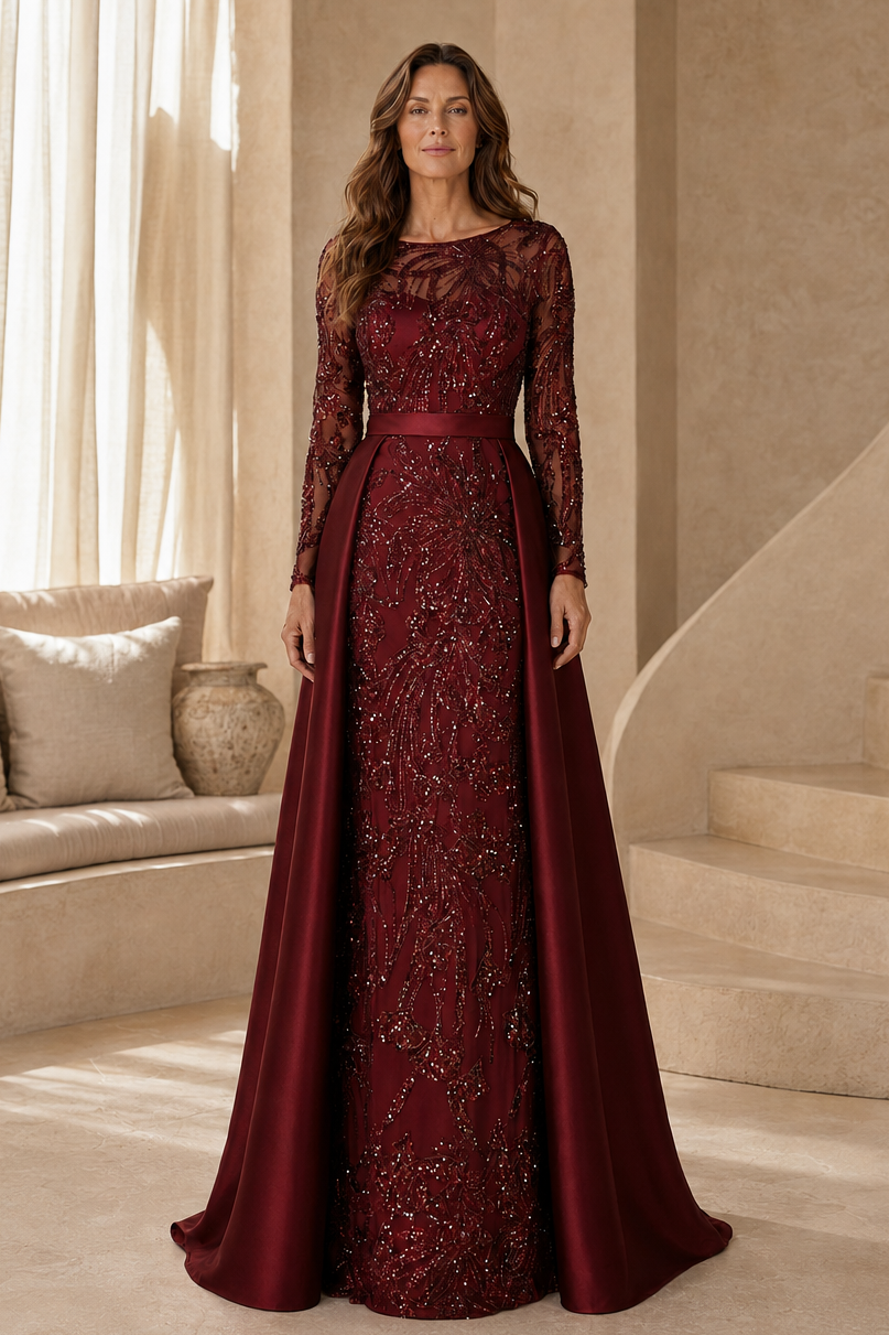 Beaded Long Sleeve Gown with Satin Overskirt