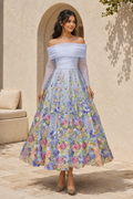 Off-the-Shoulder 3D Floral Long Sleeve Midi Dress