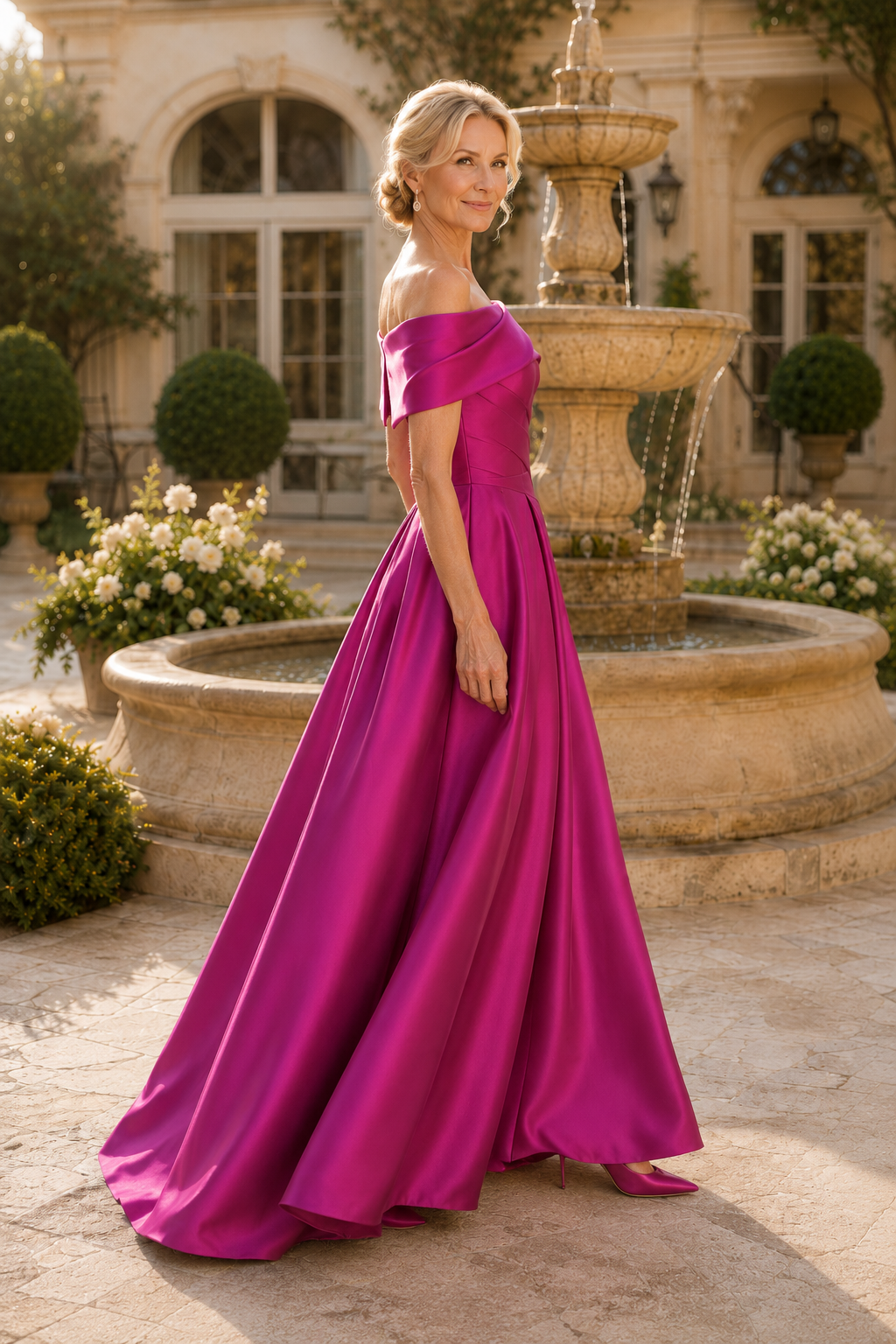 Off-the-Shoulder Pleated Satin A-Line Gown