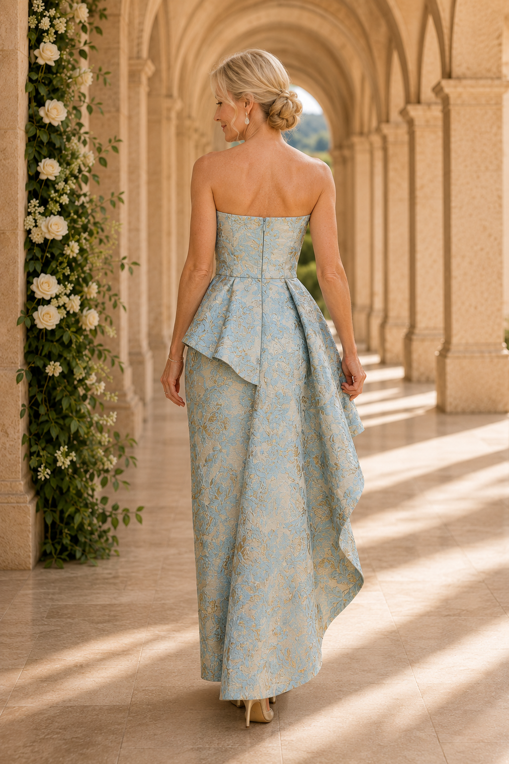 Strapless Jacquard Column Gown with Cascading Peplum