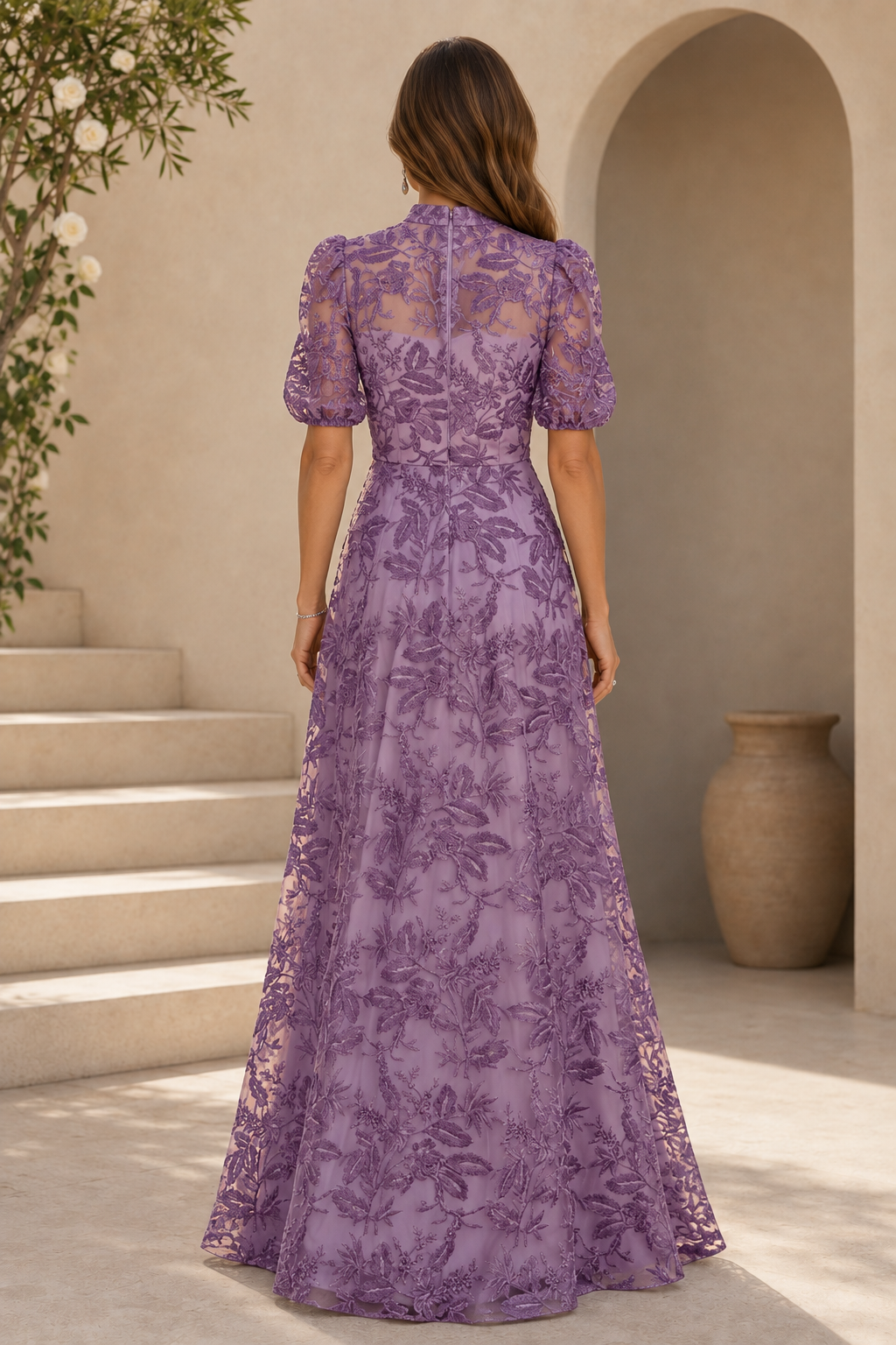 Embroidered Lace A-Line Gown with Puff Sleeves