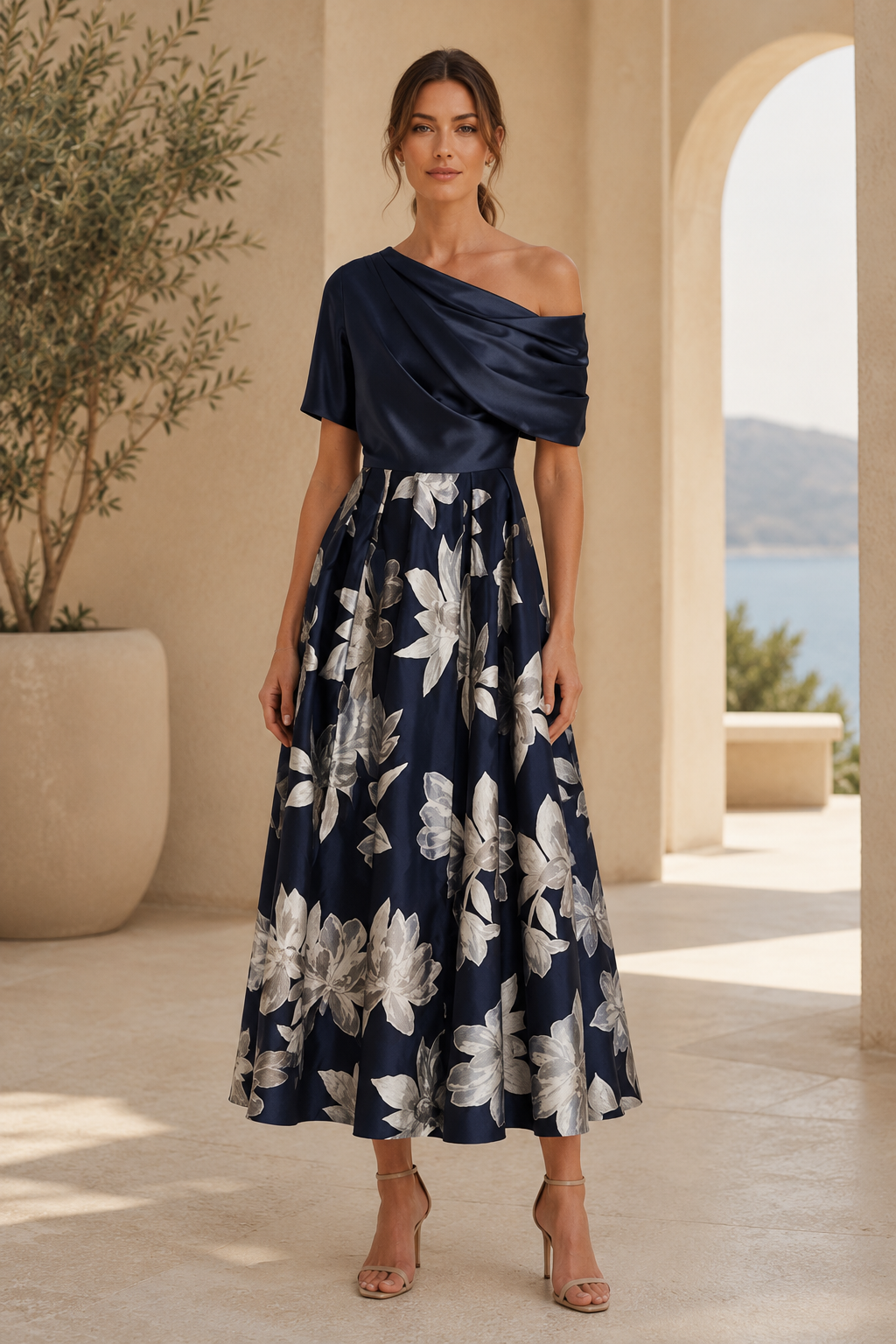 One-Shoulder Floral Jacquard Midi Dress