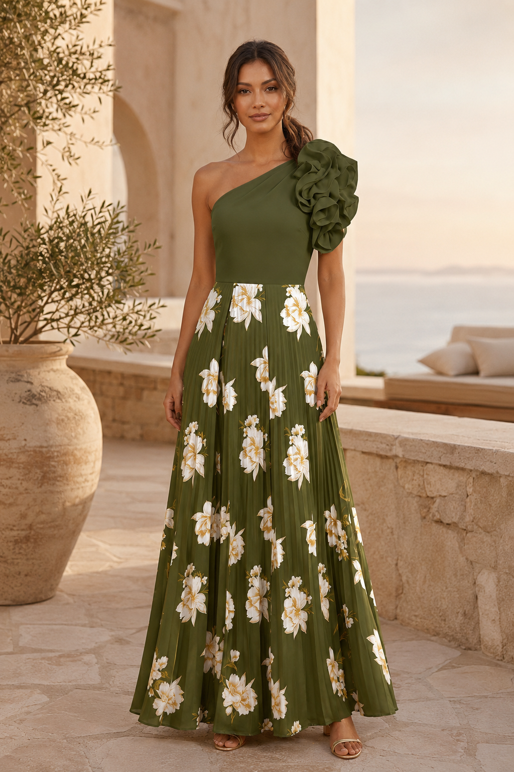 One Shoulder Ruffle Floral Print Pleated Maxi Dress