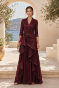 3/4 Sleeve A-Line Gown with Cascading Side Ruffle