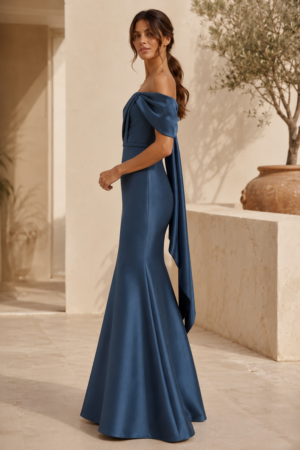 Strapless Satin Mermaid Gown with Bow Back Detail