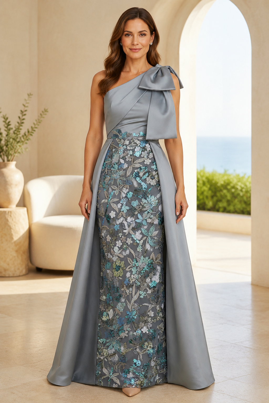 One-Shoulder Floral Jacquard Gown with Bow Detail