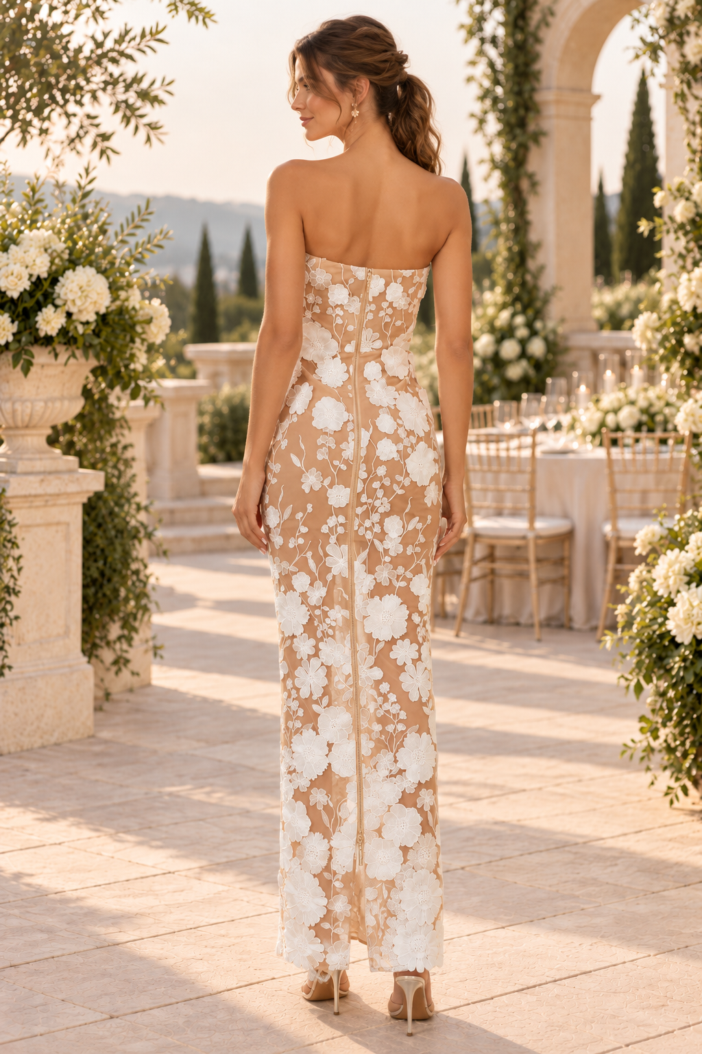 Strapless 3D Floral Applique Maxi Dress
