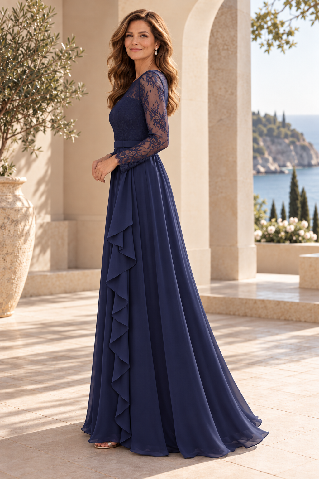Lace Illusion Long Sleeve A-Line Chiffon Gown