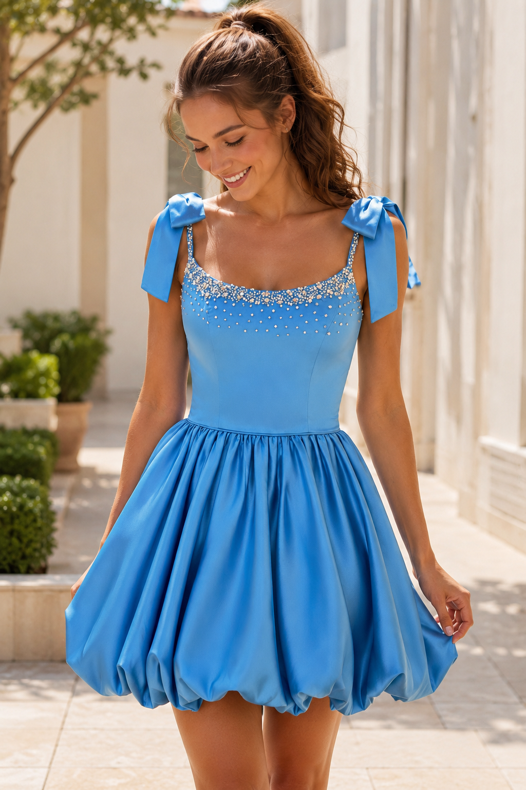 Crystal Beaded Satin Bubble Mini Dress