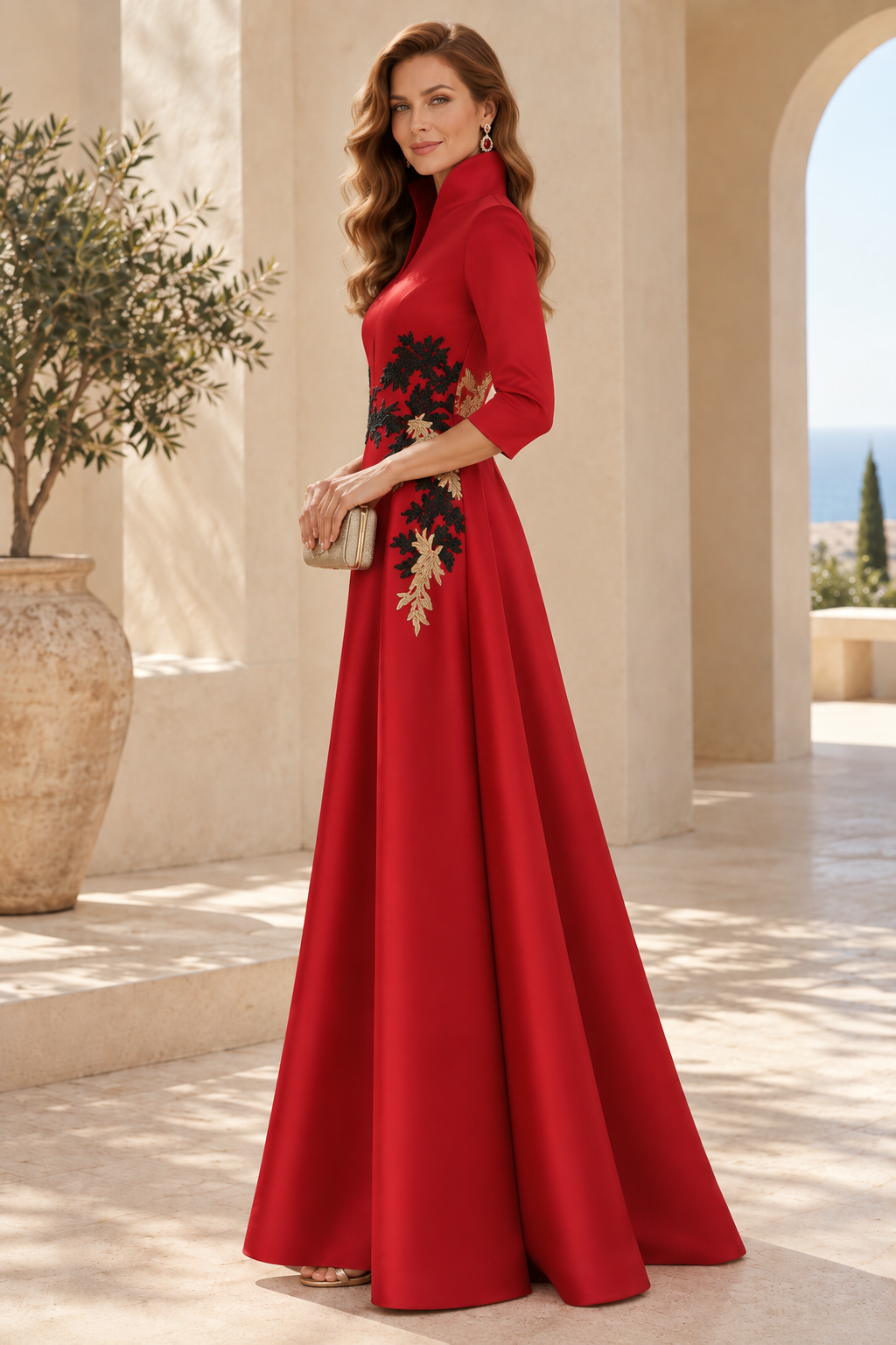 High-Collar A-Line Evening Gown with Appliques