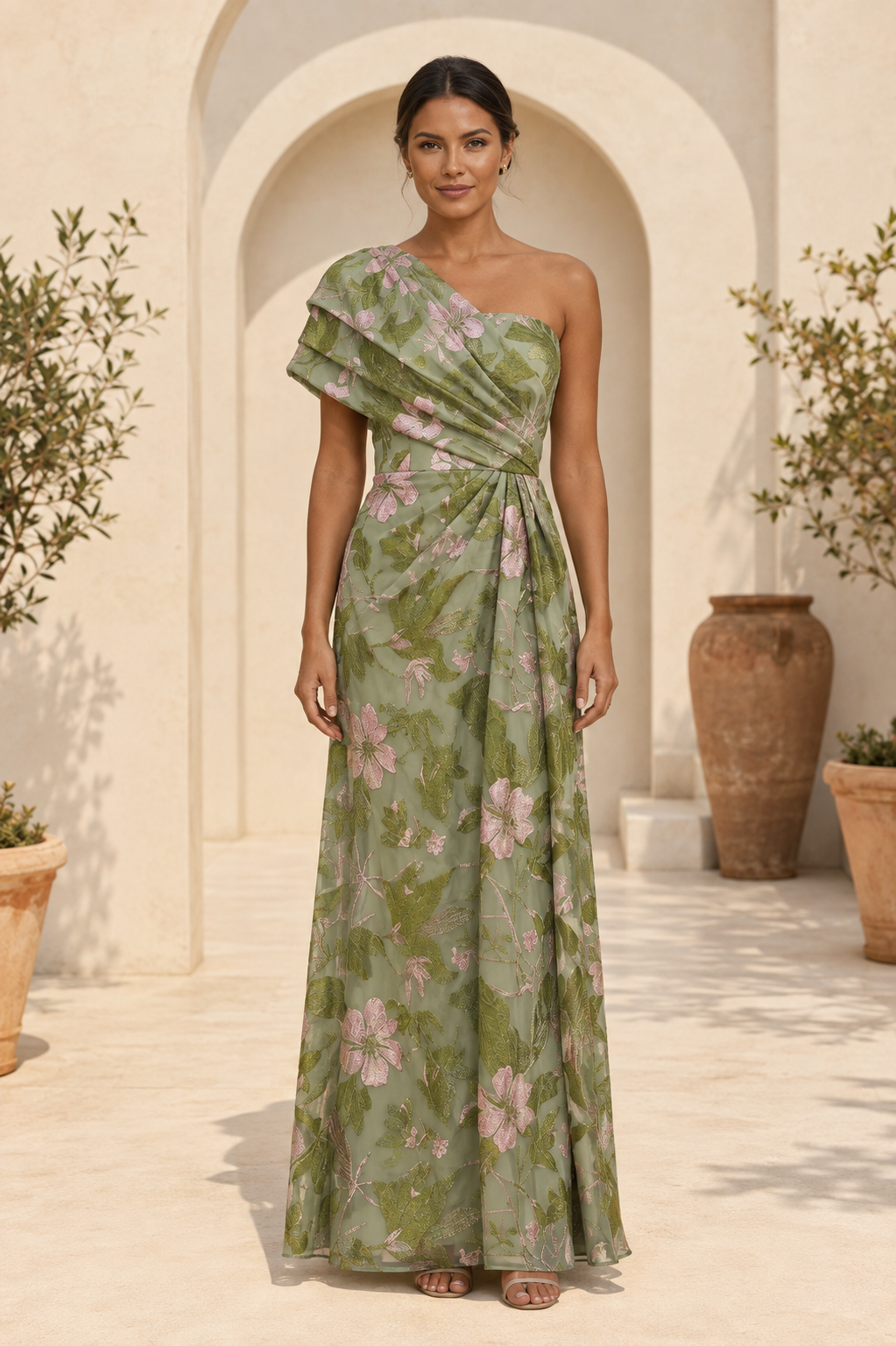 One-Shoulder Floral Print Gown with Pleated Drape
