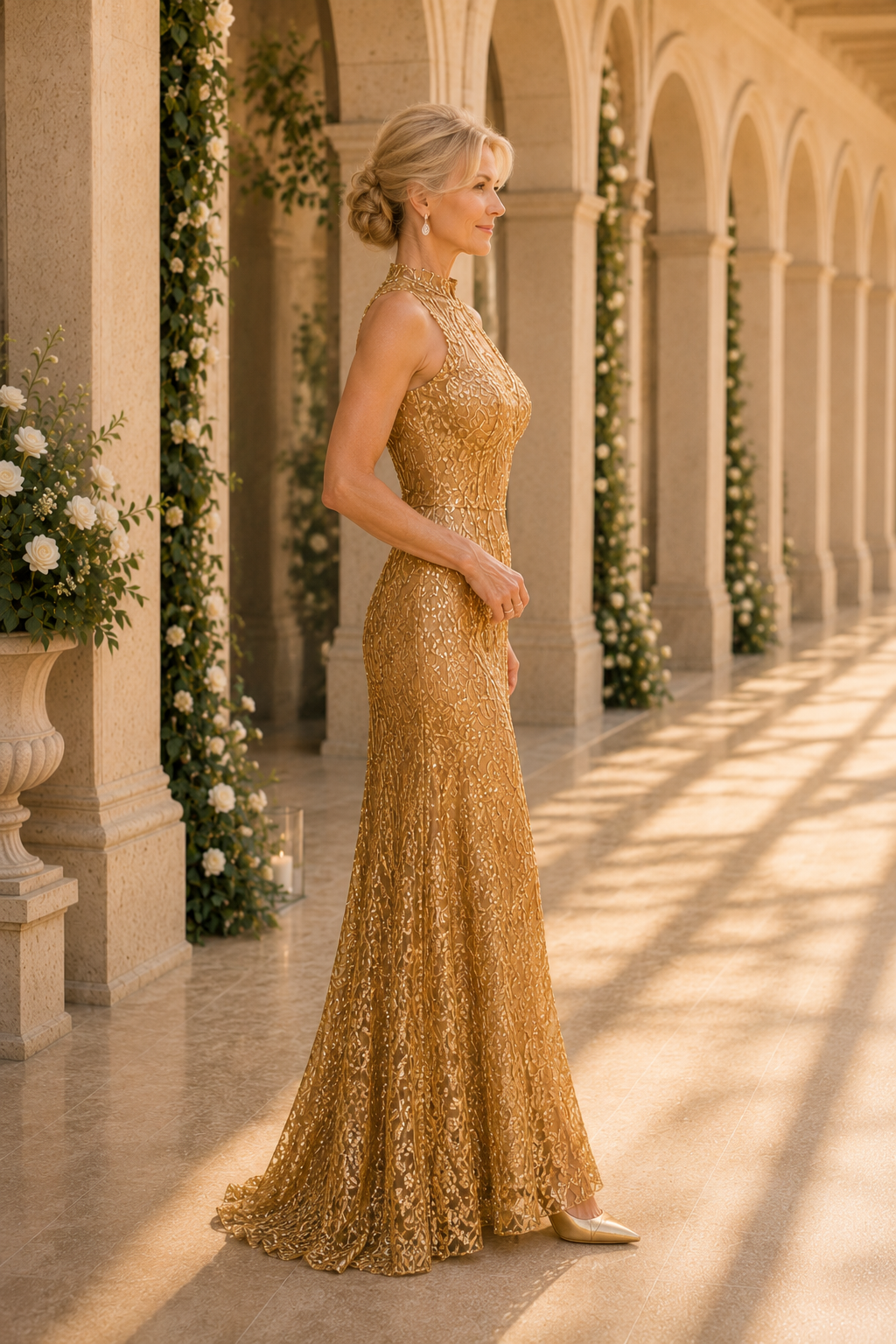 High Neck Sequin Embellished Evening Gown