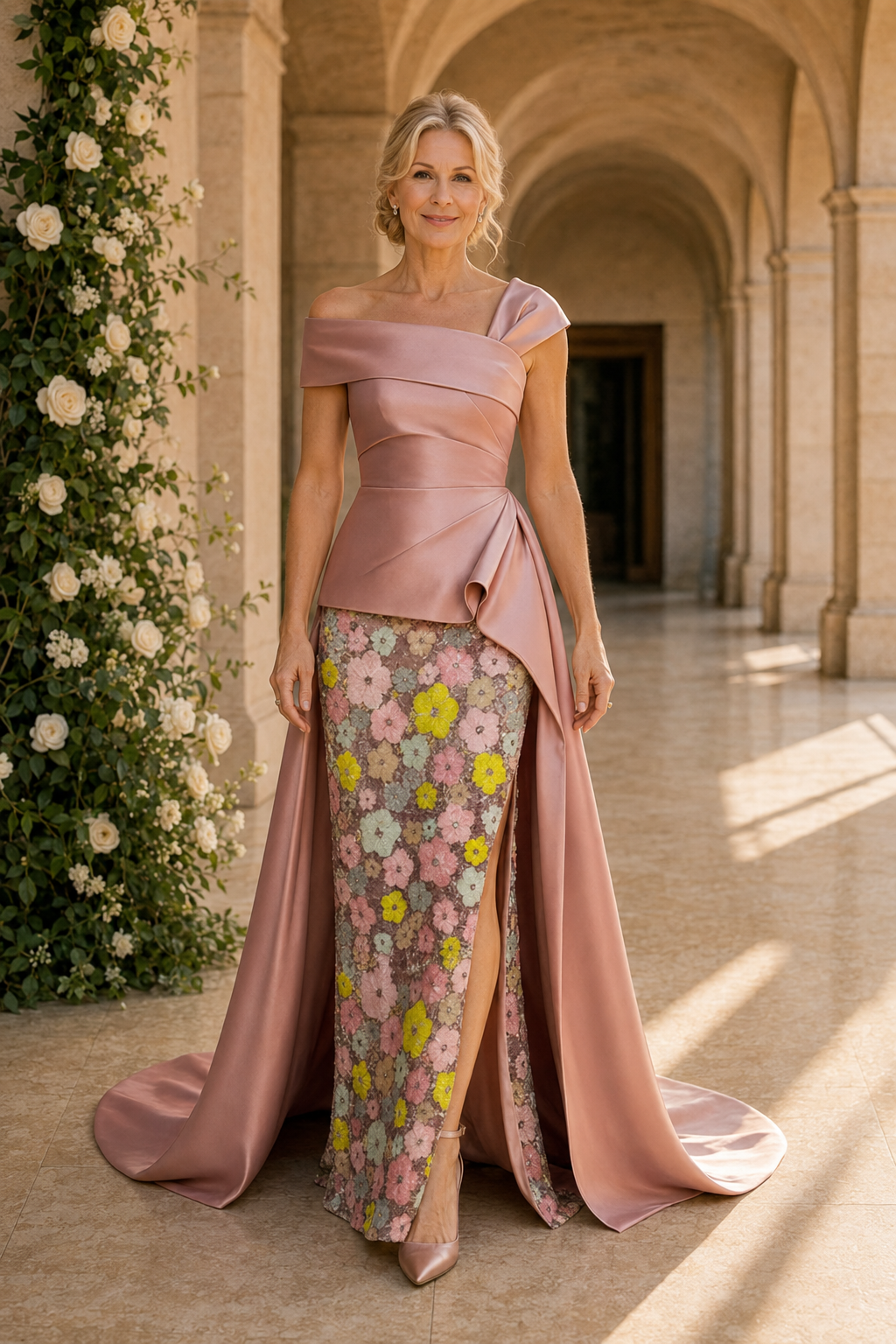 Asymmetrical Satin Evening Gown with Floral Skirt