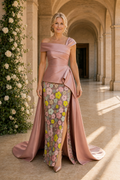 Asymmetrical Satin Evening Gown with Floral Skirt
