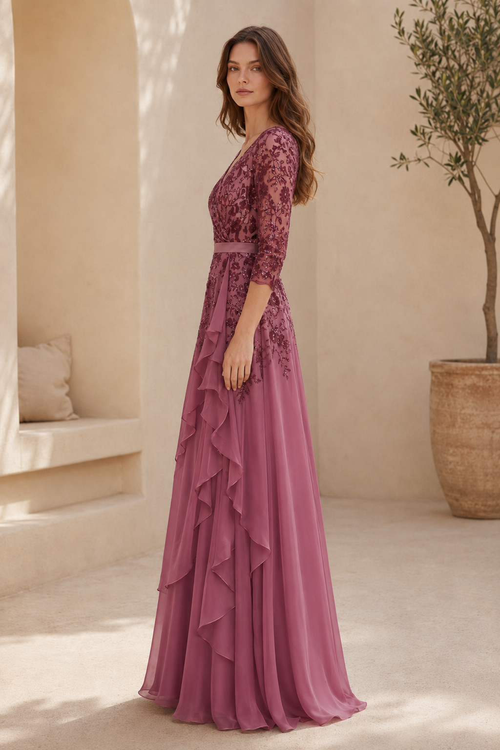 Sequin Bodice Cascading Chiffon Evening Gown