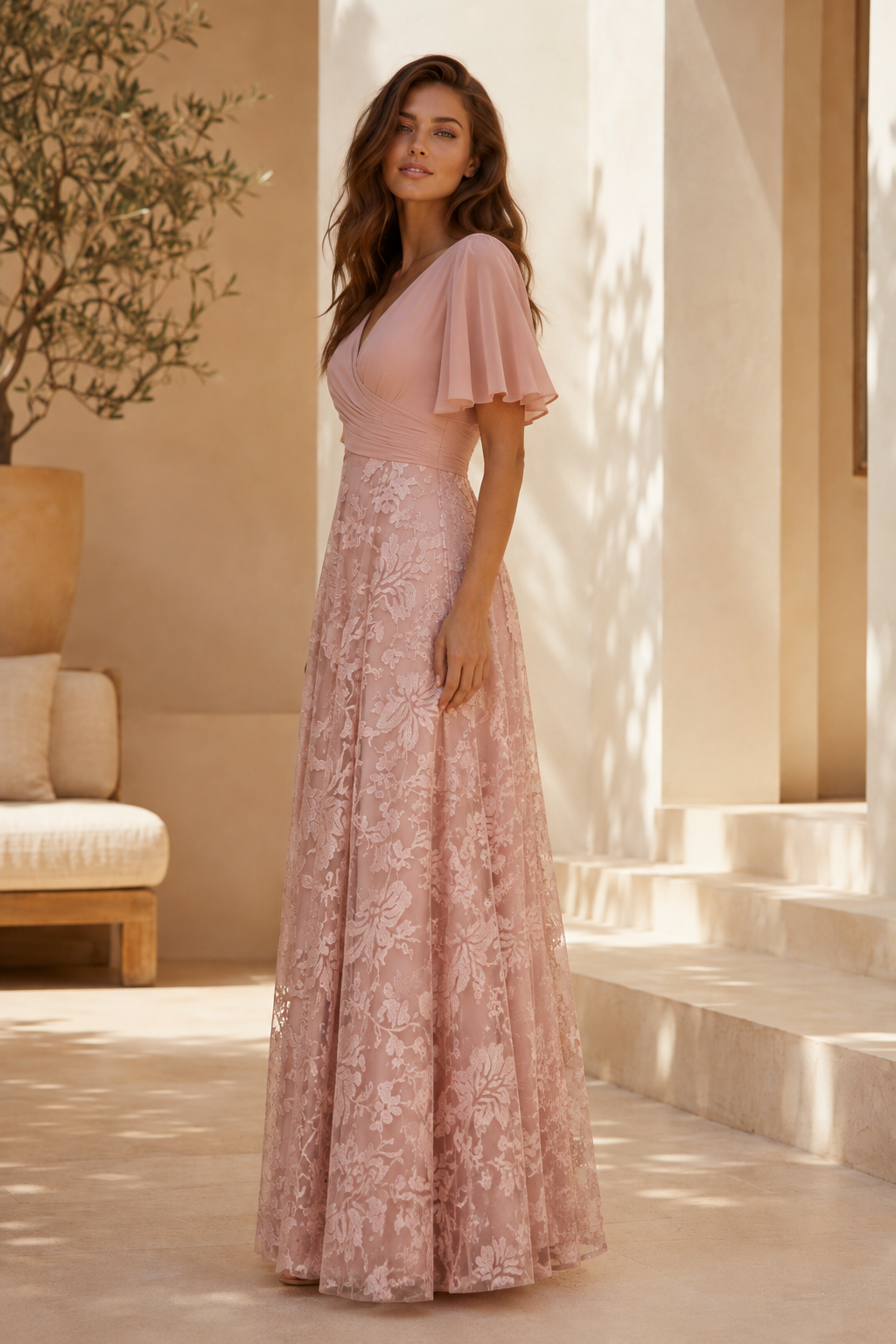 Flutter Sleeve Lace Maxi Dress with Pleated Bodice