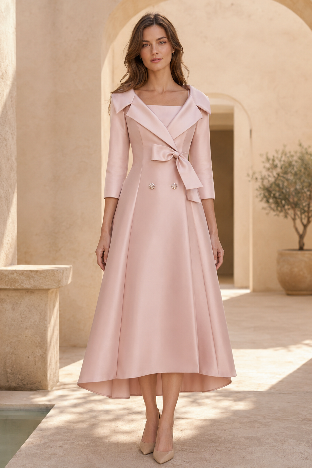 A-Line Coat Dress with Lapel Collar and Bow
