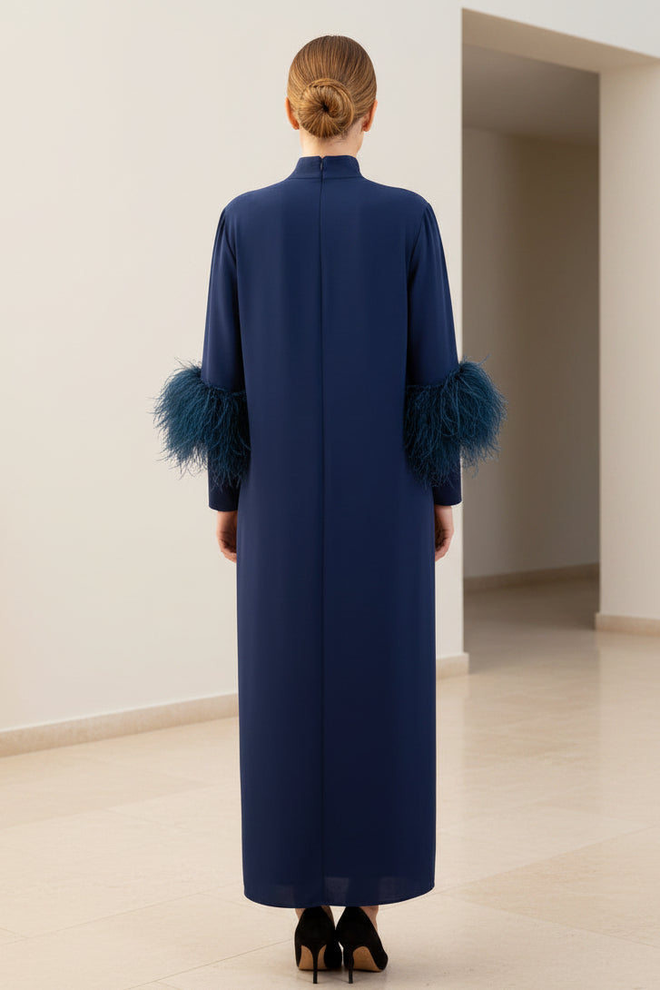 High Neck Column Maxi Dress with Feather Cuffs