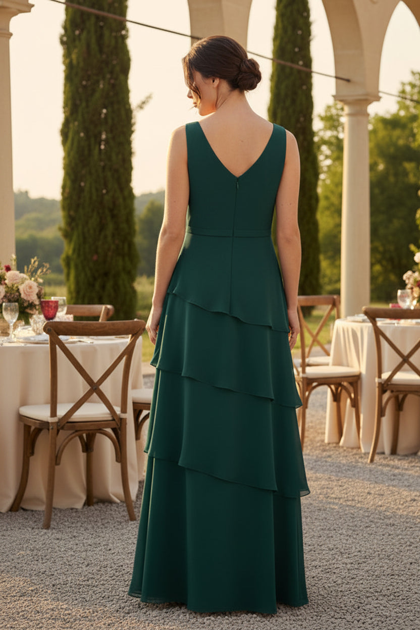Elegant V-Neck Tiered Chiffon Gown with Jacket