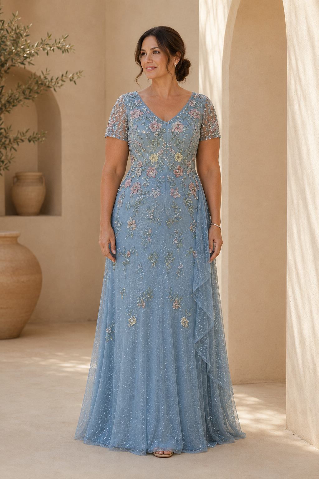 Embroidered A-Line Evening Gown with 3D Flowers