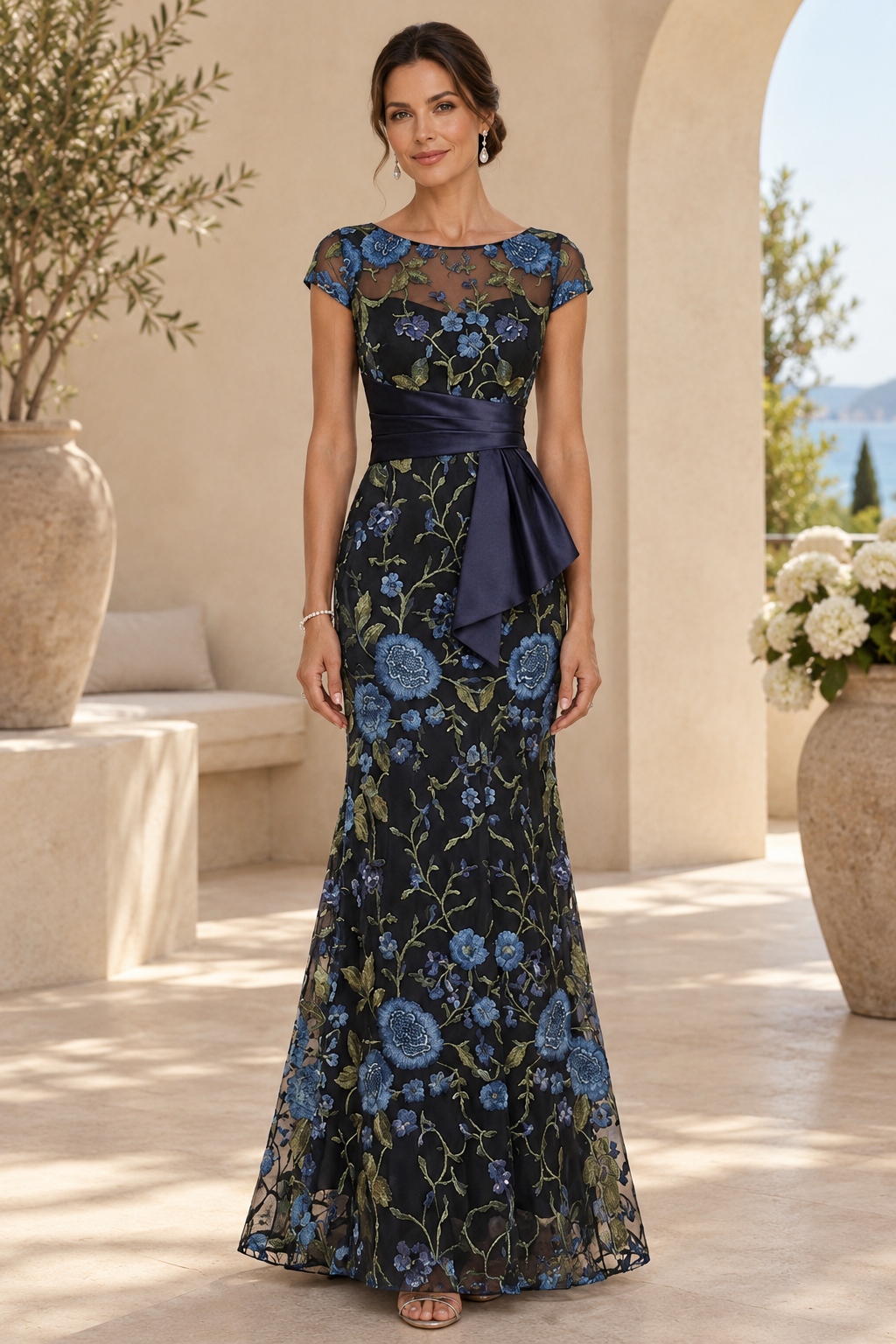 Floral Embroidered Cap Sleeve Mermaid Gown