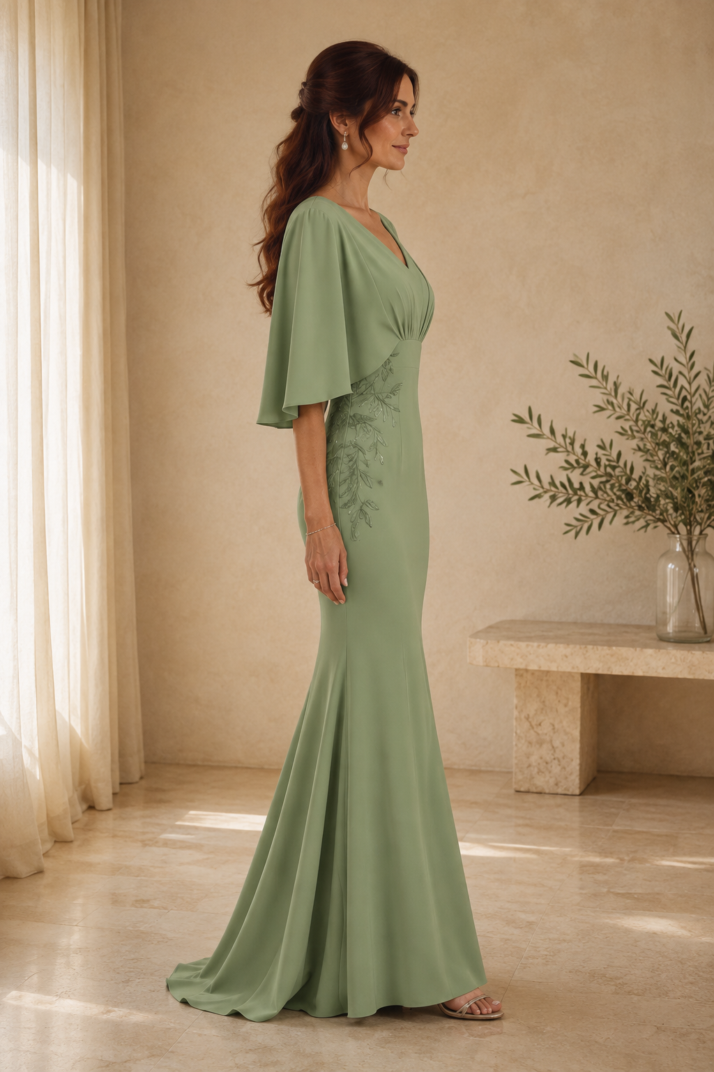 Mermaid Evening Gown with Flutter Sleeves & Vine Embroidery