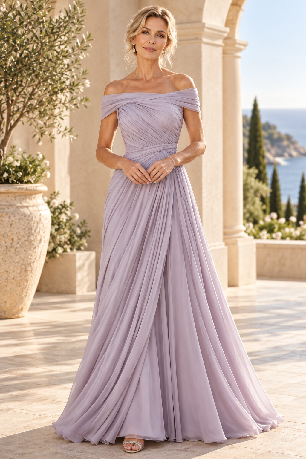 Off-the-Shoulder Pleated Chiffon A-Line Gown