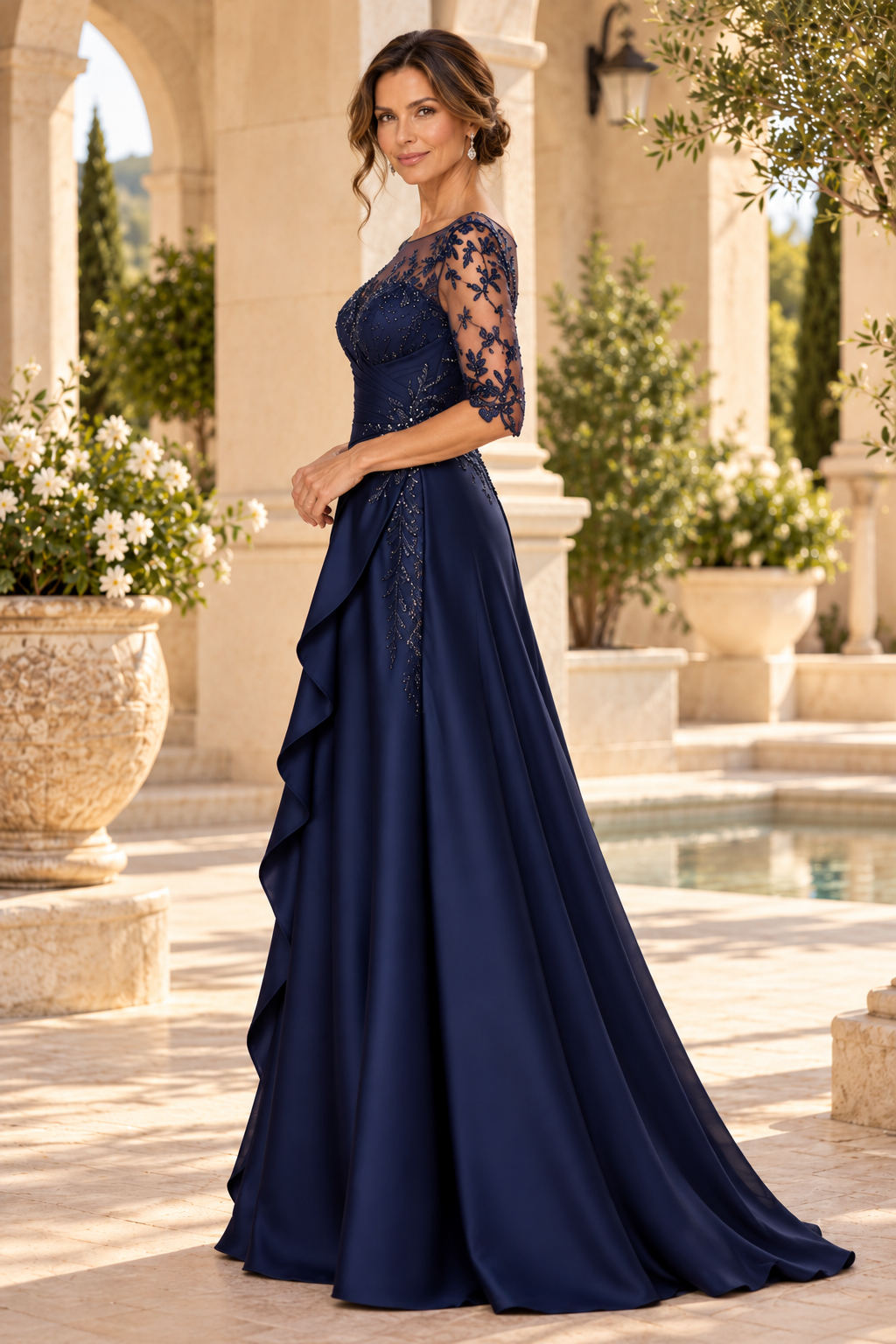 A-Line Gown with Illusion Neck & Side Drape