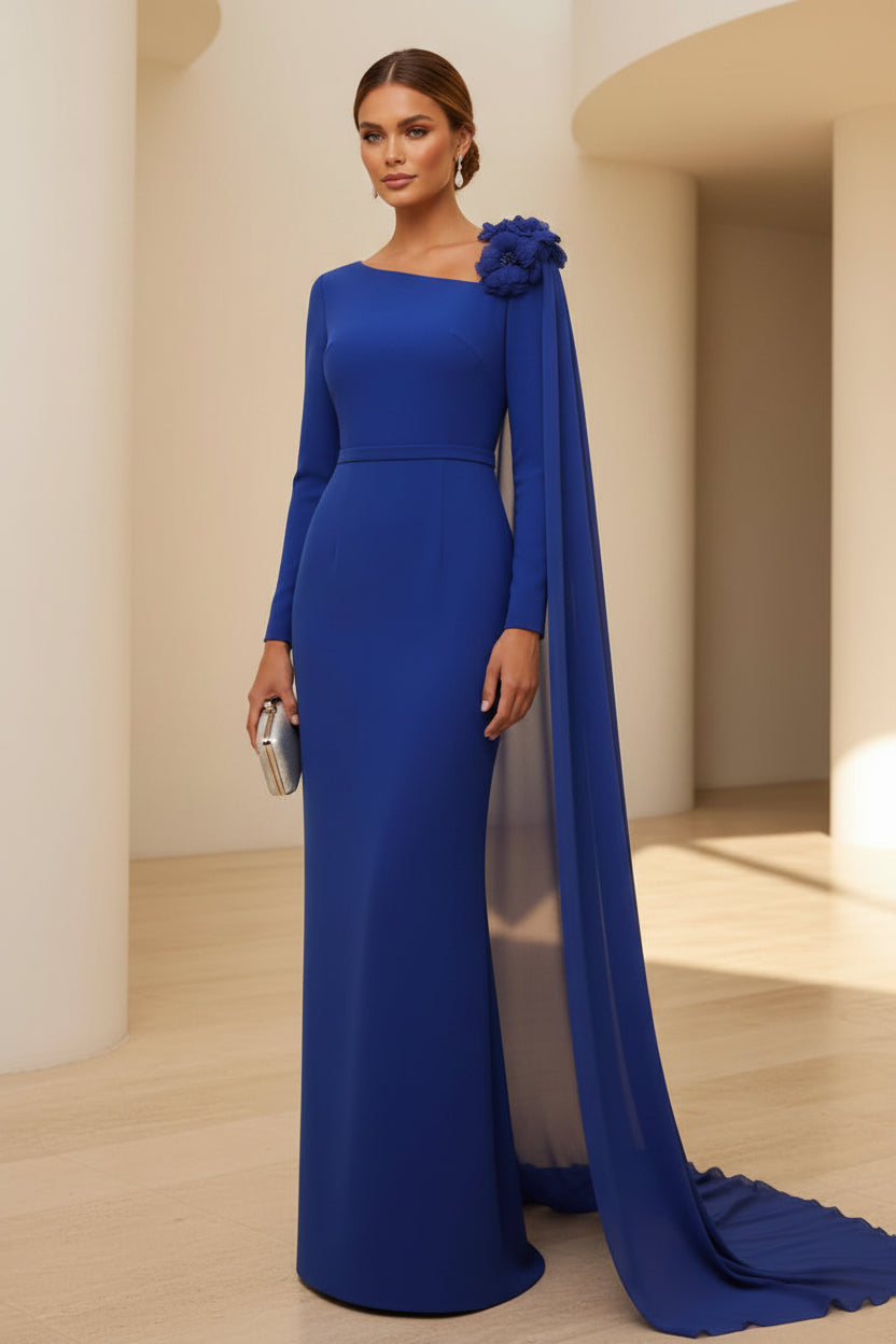 Long Sleeve Column Gown with Chiffon Cape