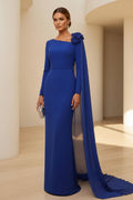 Long Sleeve Column Gown with Chiffon Cape
