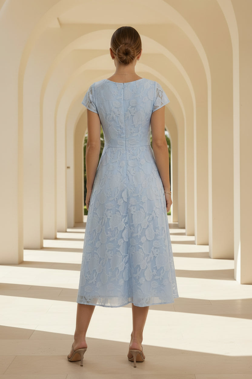 Lace Applique V-Neck Cap Sleeve Tea-Length Dress