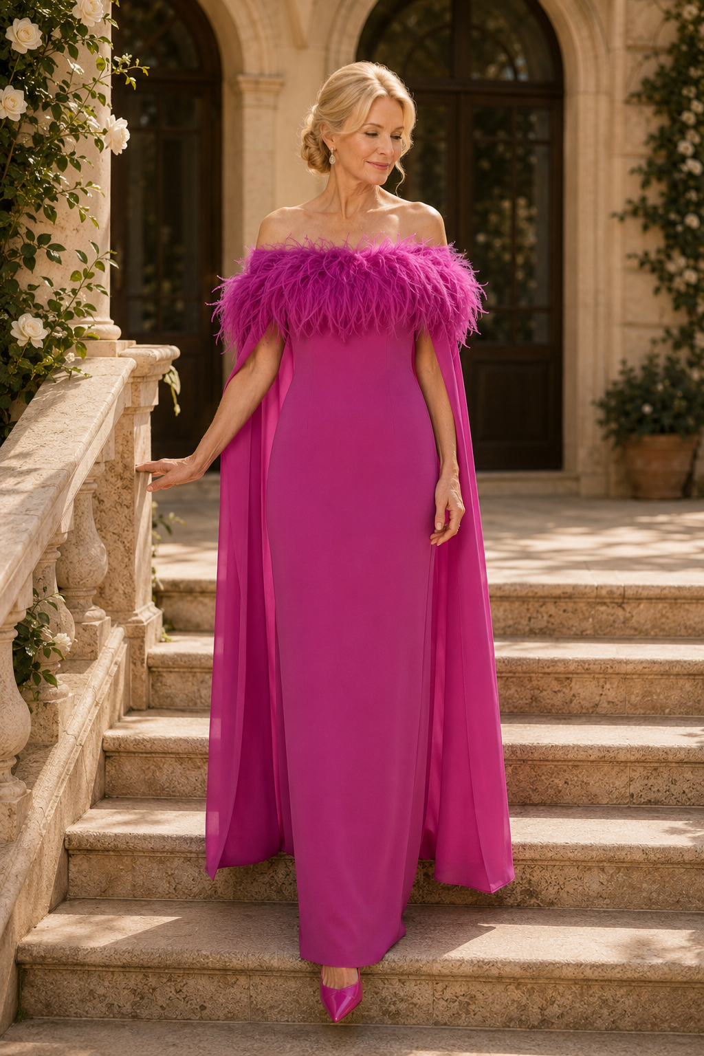 Feather Off-the-Shoulder Column Gown with Cape