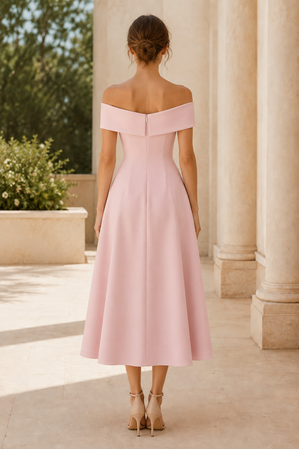 Off-the-Shoulder Floral Applique A-Line Midi Dress