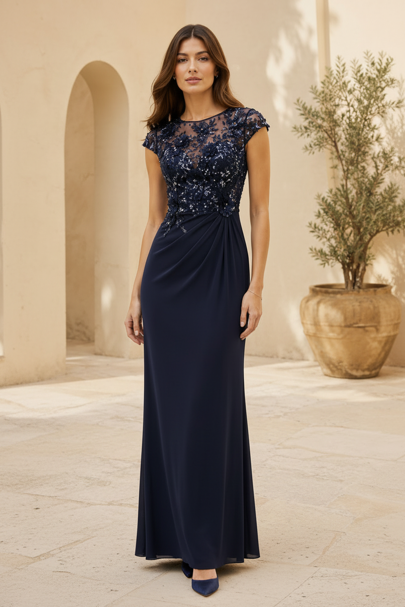 Illusion Lace Cap Sleeve Sequin Evening Gown