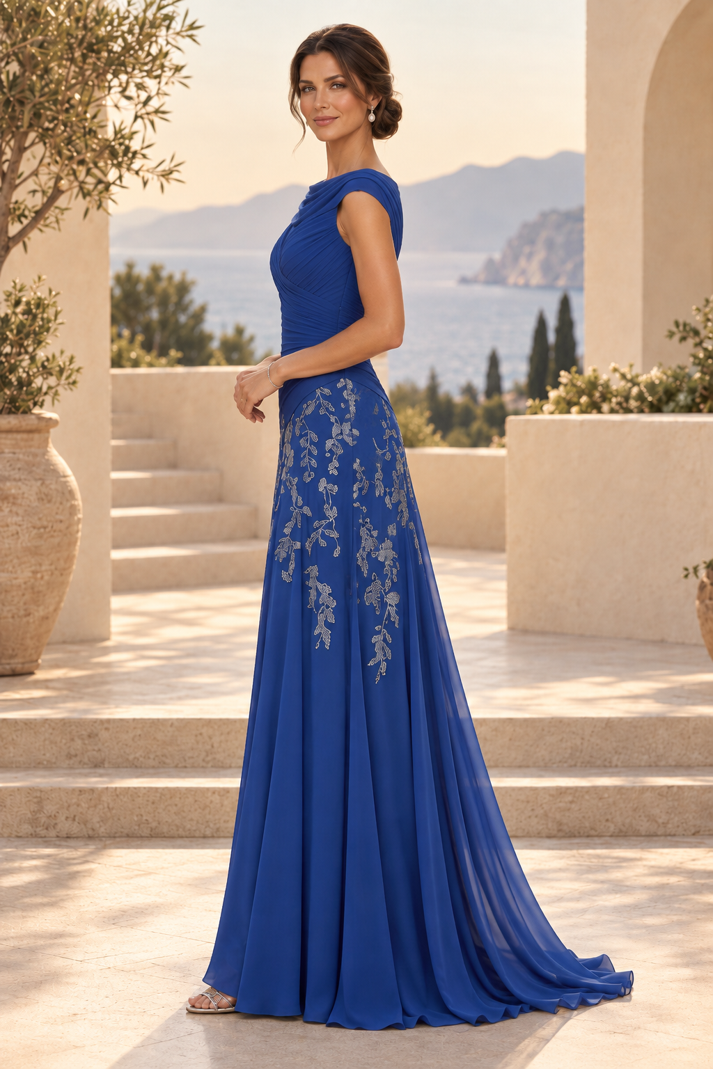 Ruched Cowl Bodice Gown with Embroidered Skirt