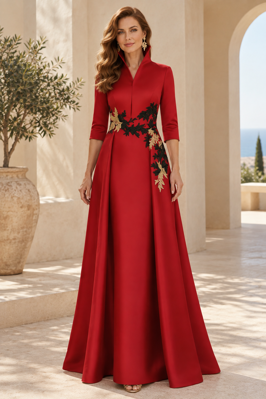 High-Collar A-Line Evening Gown with Appliques