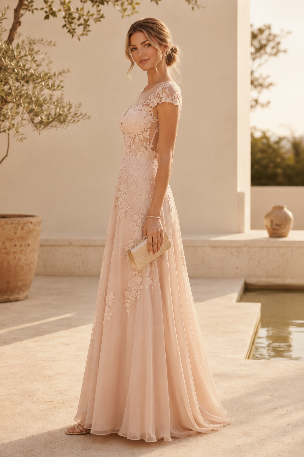 Illusion Lace Bodice Cap Sleeve A-Line Gown