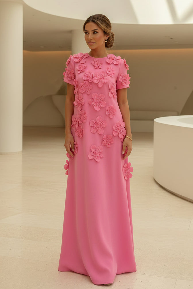 Maxi Dress with 3D Floral Appliques Short Sleeve