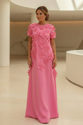 Maxi Dress with 3D Floral Appliques Short Sleeve