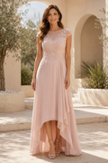 High-Low Chiffon Evening Gown with Illusion Lace Bodice